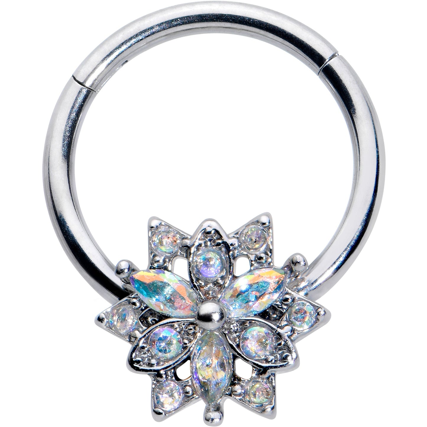 16G 3/8 Aurora CZ Gem Snowflake Style Hinged Segment Ring