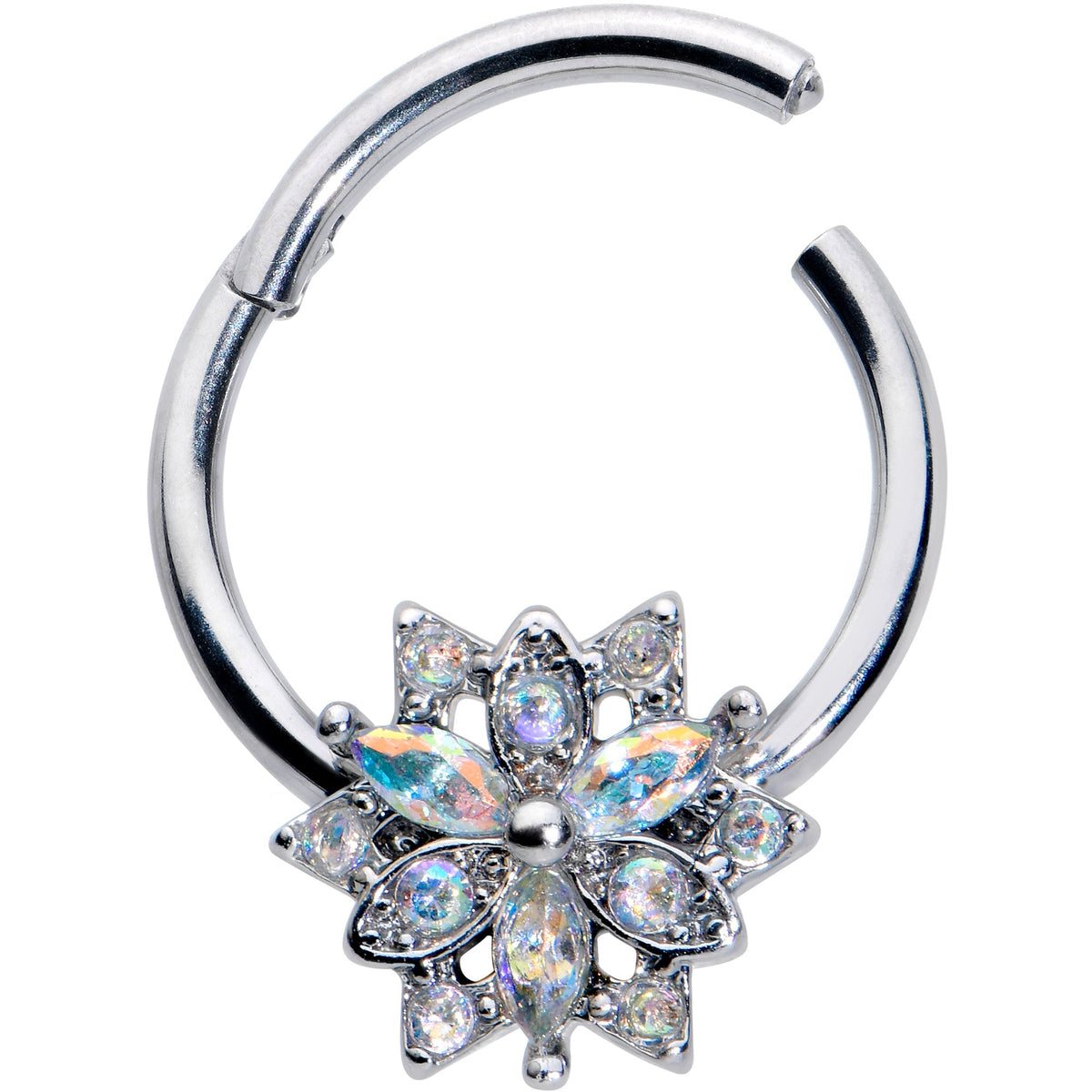16G 3/8 Aurora CZ Gem Snowflake Style Hinged Segment Ring