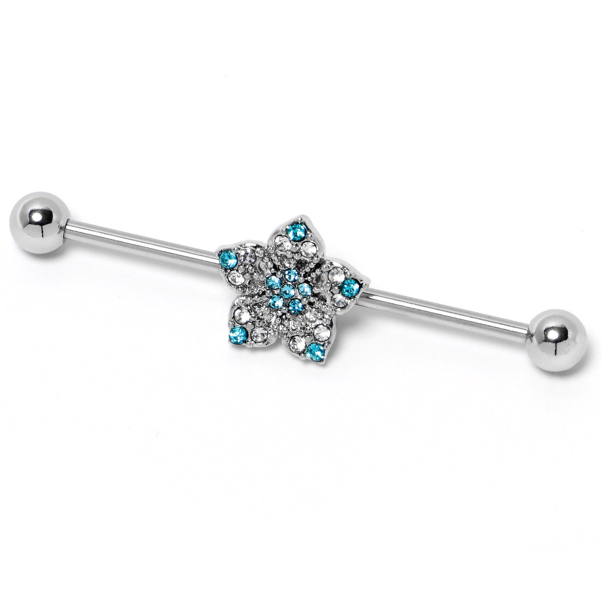 14G Blue Clear Gem Opulent Flower Industrial Barbell 38mm