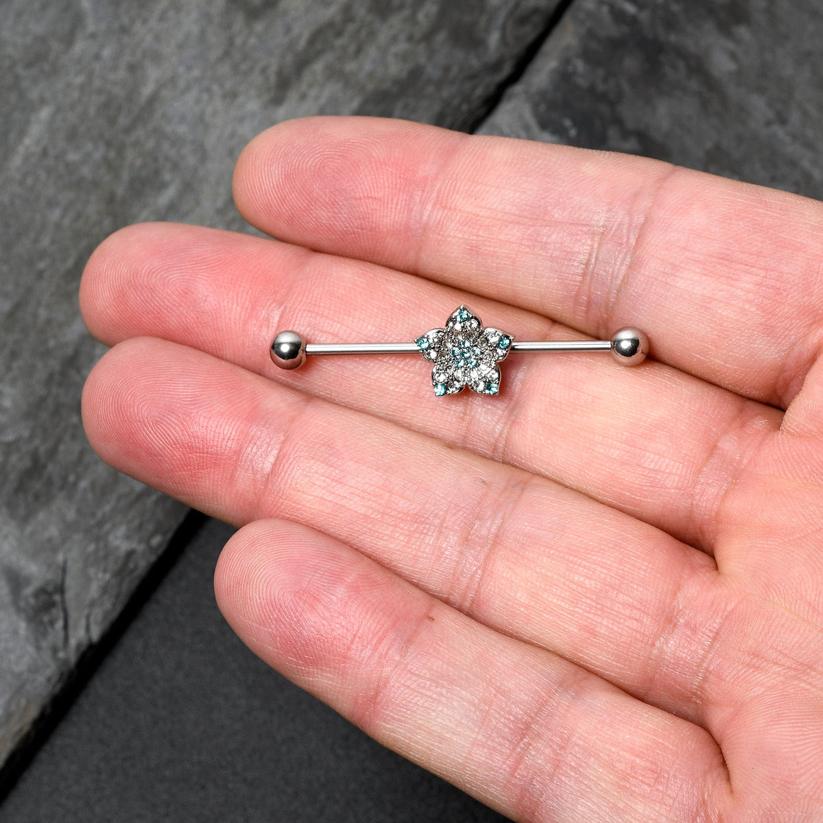 14G Blue Clear Gem Opulent Flower Industrial Barbell 38mm