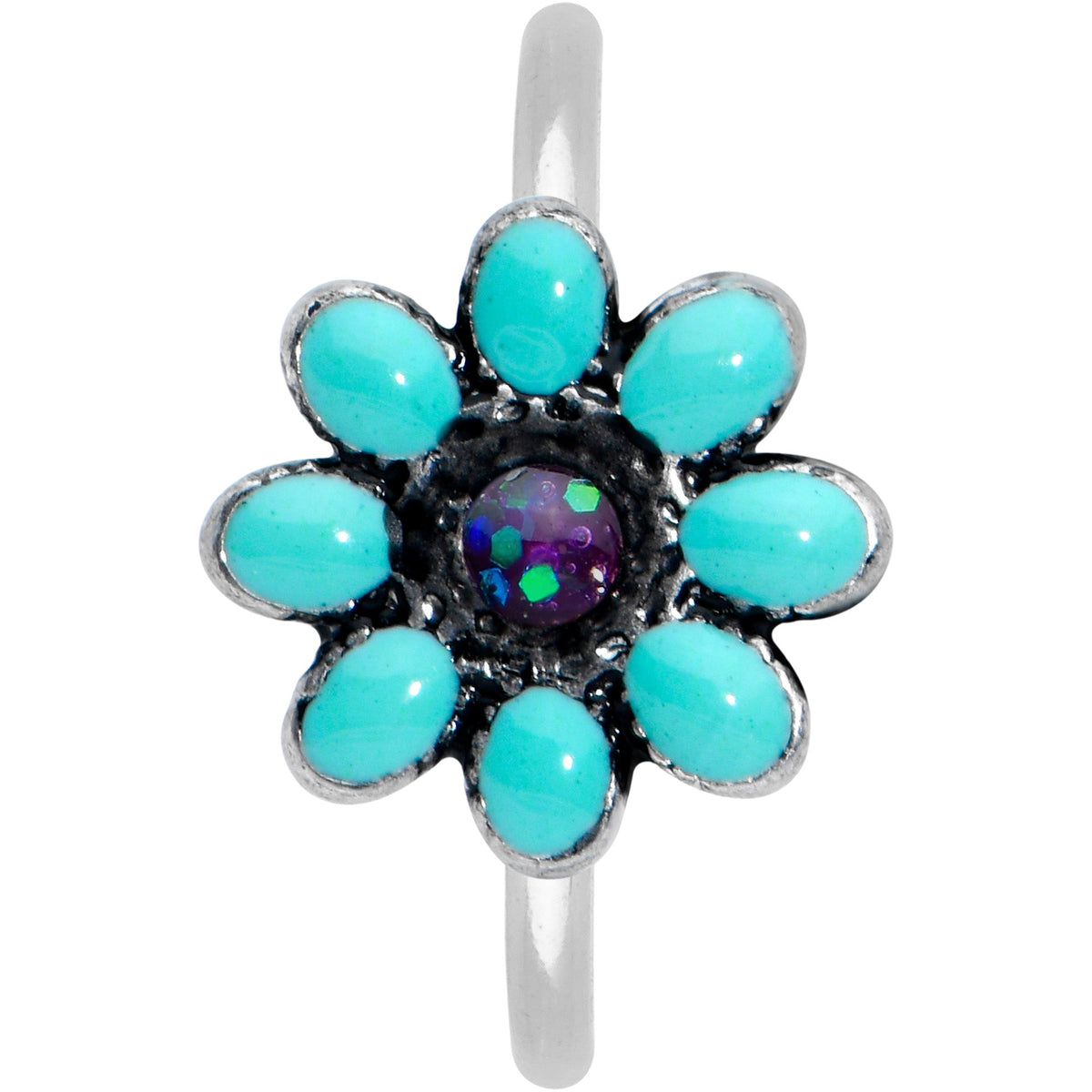 20G 5/16 Blue Gem Flower Teal Petals Nose Hoop