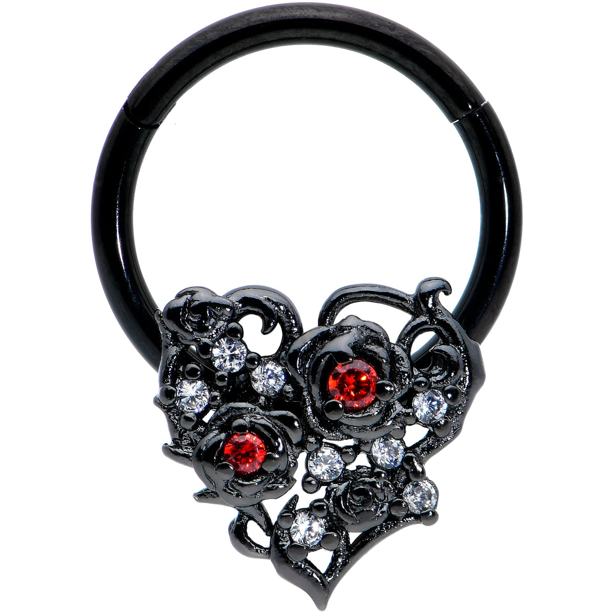 16G 3/8 Clear Red CZ Gem Black Heart Floral Hinged Segment Ring