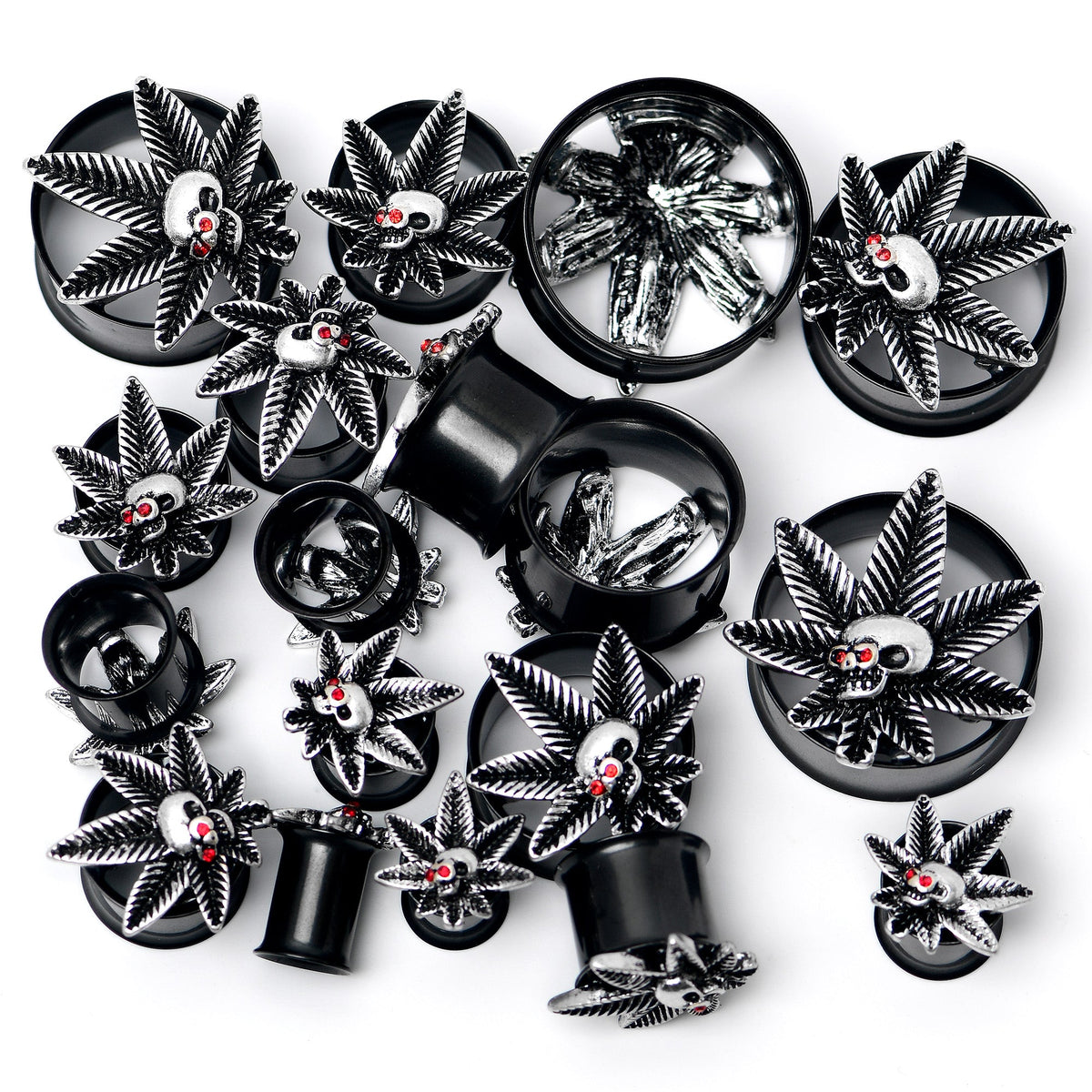 Red Gem Black Pot Leaf Skull Tunnel Plug Set