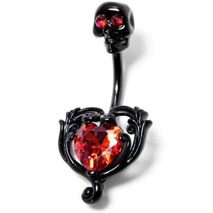 Red CZ Gem Black Passion Heart Skull Double Mount Belly Ring