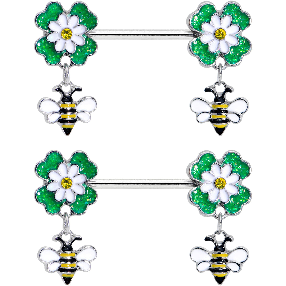 14G 9/16 Yellow Gem Daisy Bee Glittery Barbell Nipple Ring Set