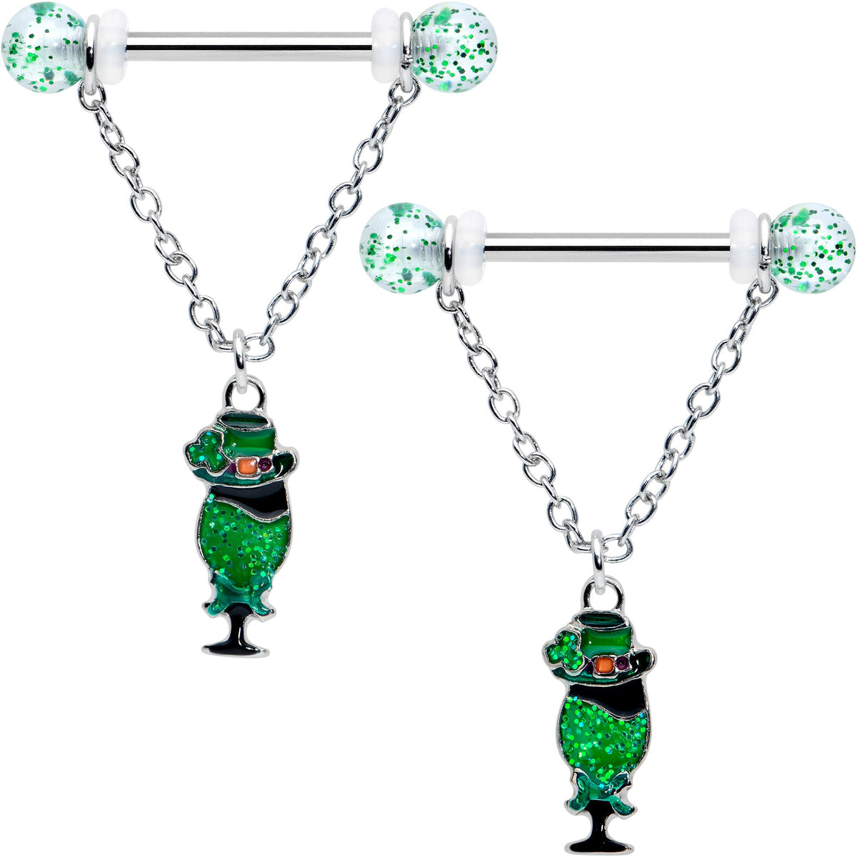 14G 9/16 Fancy Leprechaun St Patricks Chain Dangle Nipple Ring Set