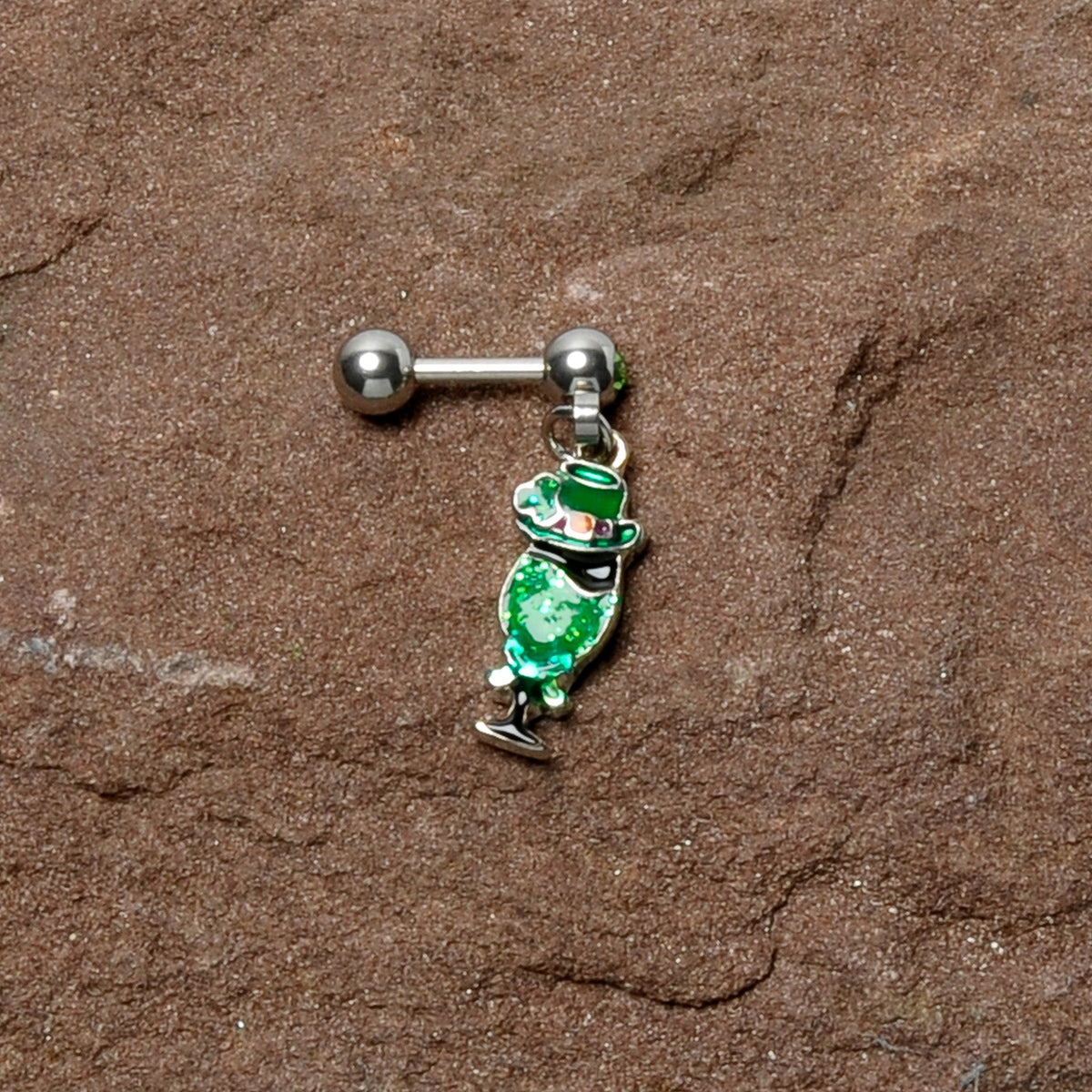 16G 1/4 Green Gem Fancy Leprechaun Dangle Cartilage Tragus Earring