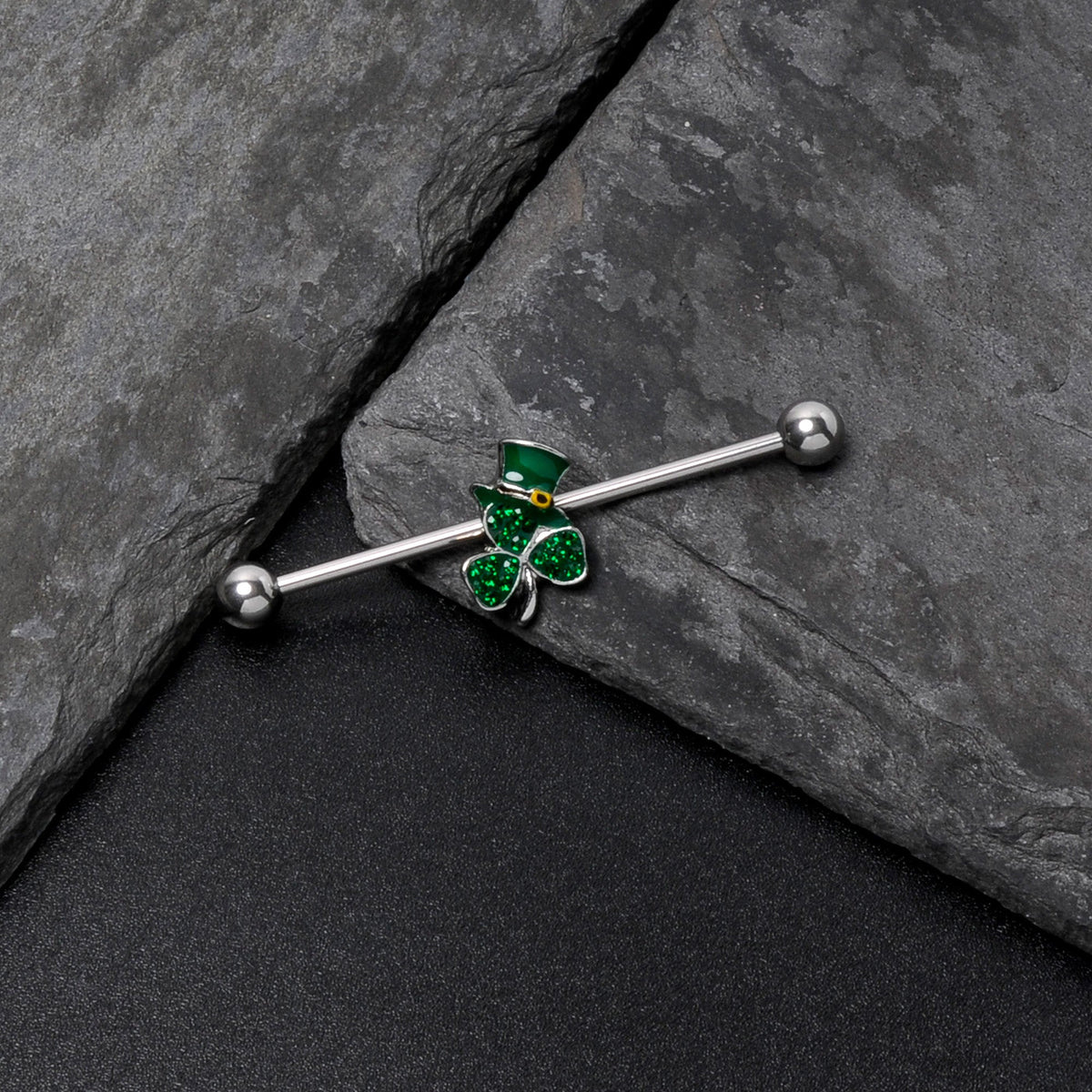 14G Green Gem Top Hat Shamrock St Patricks Industrial Barbell 38mm