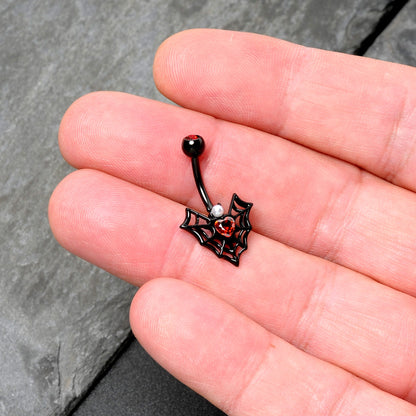 Red Gem Black Gothic Bat Heart Belly Ring