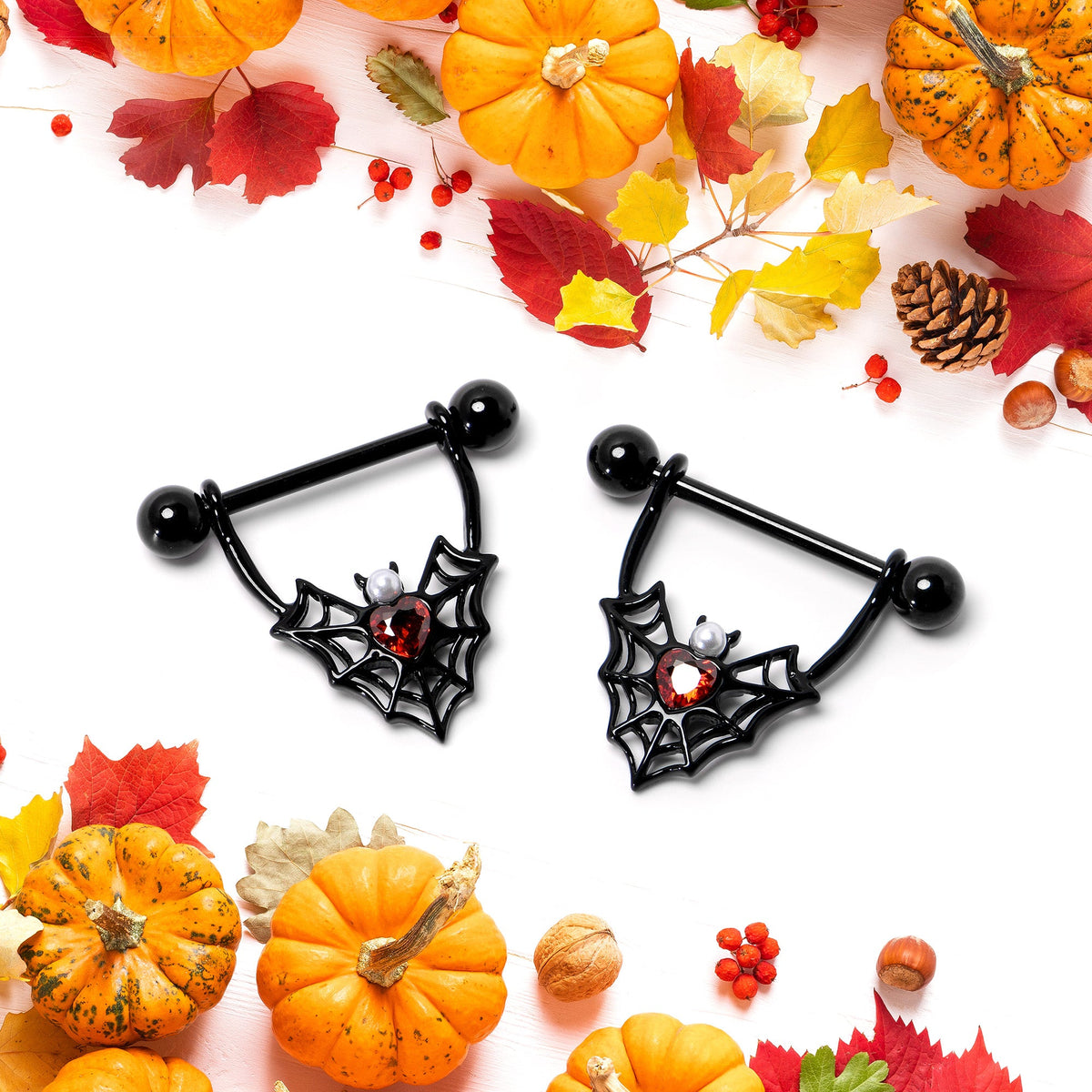 14G 11/16 Red Gem Black Gothic Bat Heart Nipple Shield Set