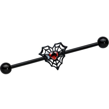 14G Red Gem Black Spider Heart Web Industrial Barbell 38mm