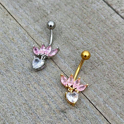 Clear Pink CZ Gem Crown And Heart Dangle Belly Ring