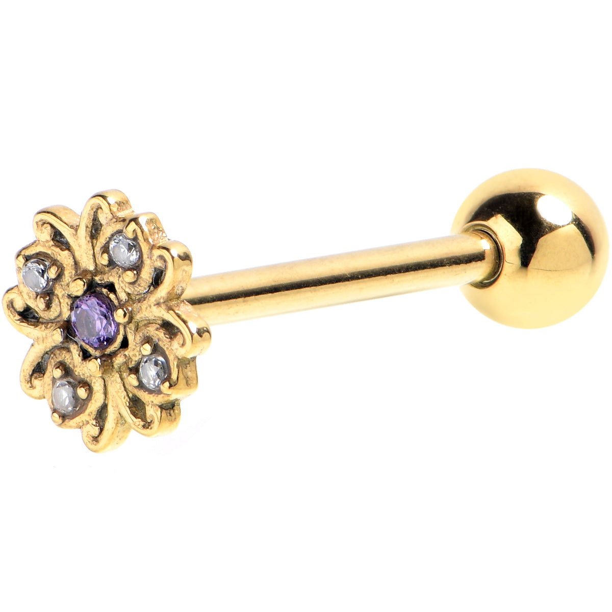 Clear Purple Gem Gold Tone Hearts In A Circle Barbell Tongue Ring