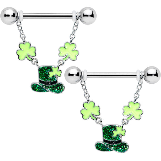 14G 9/16 Glitter Top Hat Shamrock Chain Dangle Nipple Ring Set