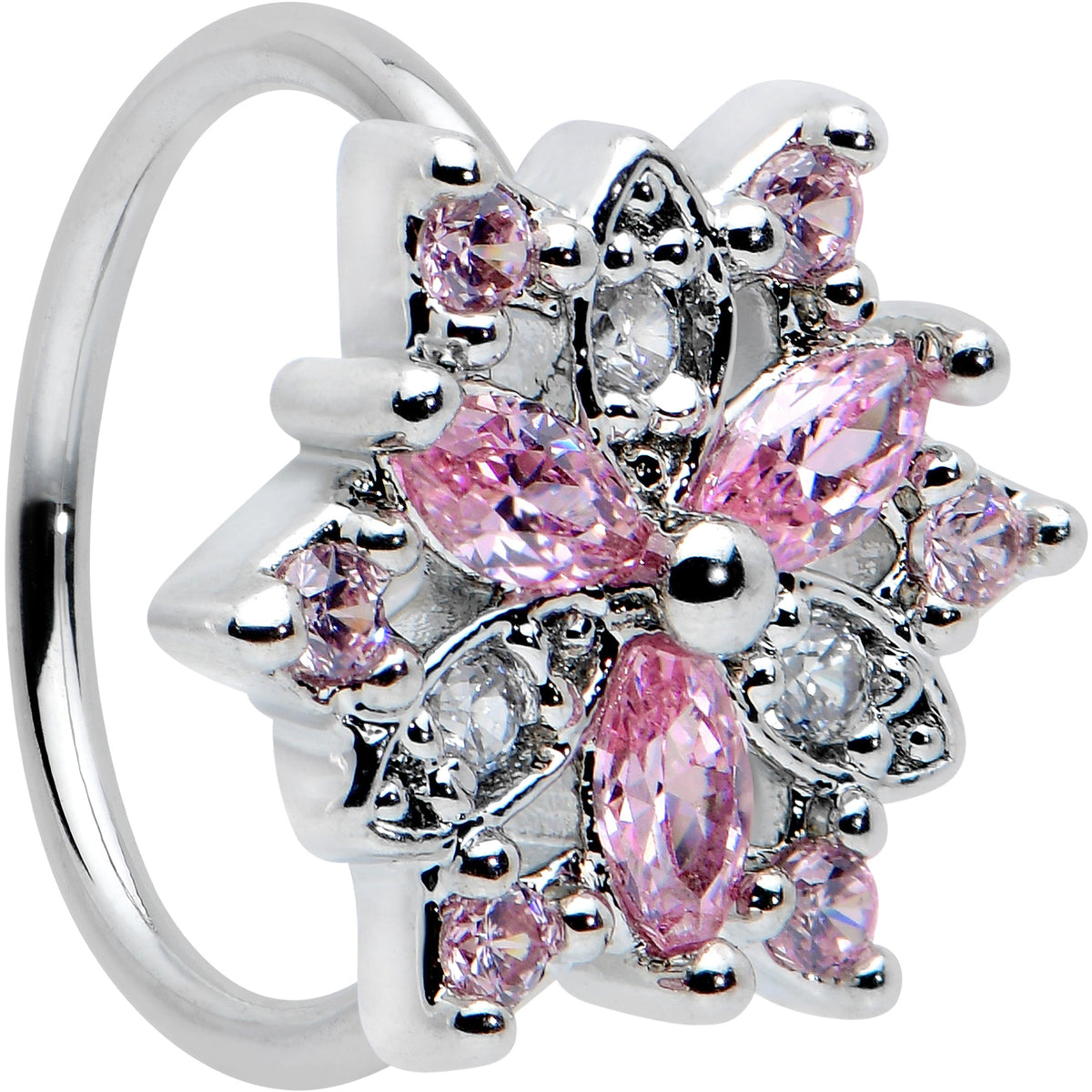 20G 5/16 Pink Clear CZ Gem Snowflake Nose Hoop