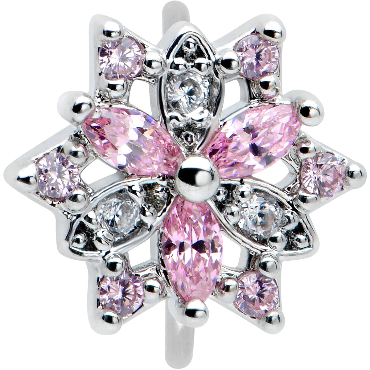 20G 5/16 Pink Clear CZ Gem Snowflake Nose Hoop
