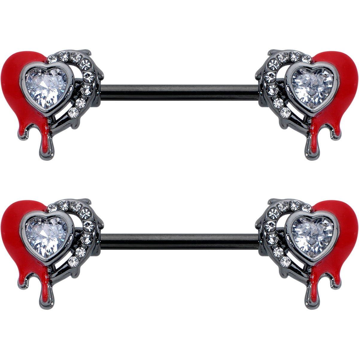 14G 9/16 Clear Gem Black Bleeding Heart Barbell Nipple Ring Set