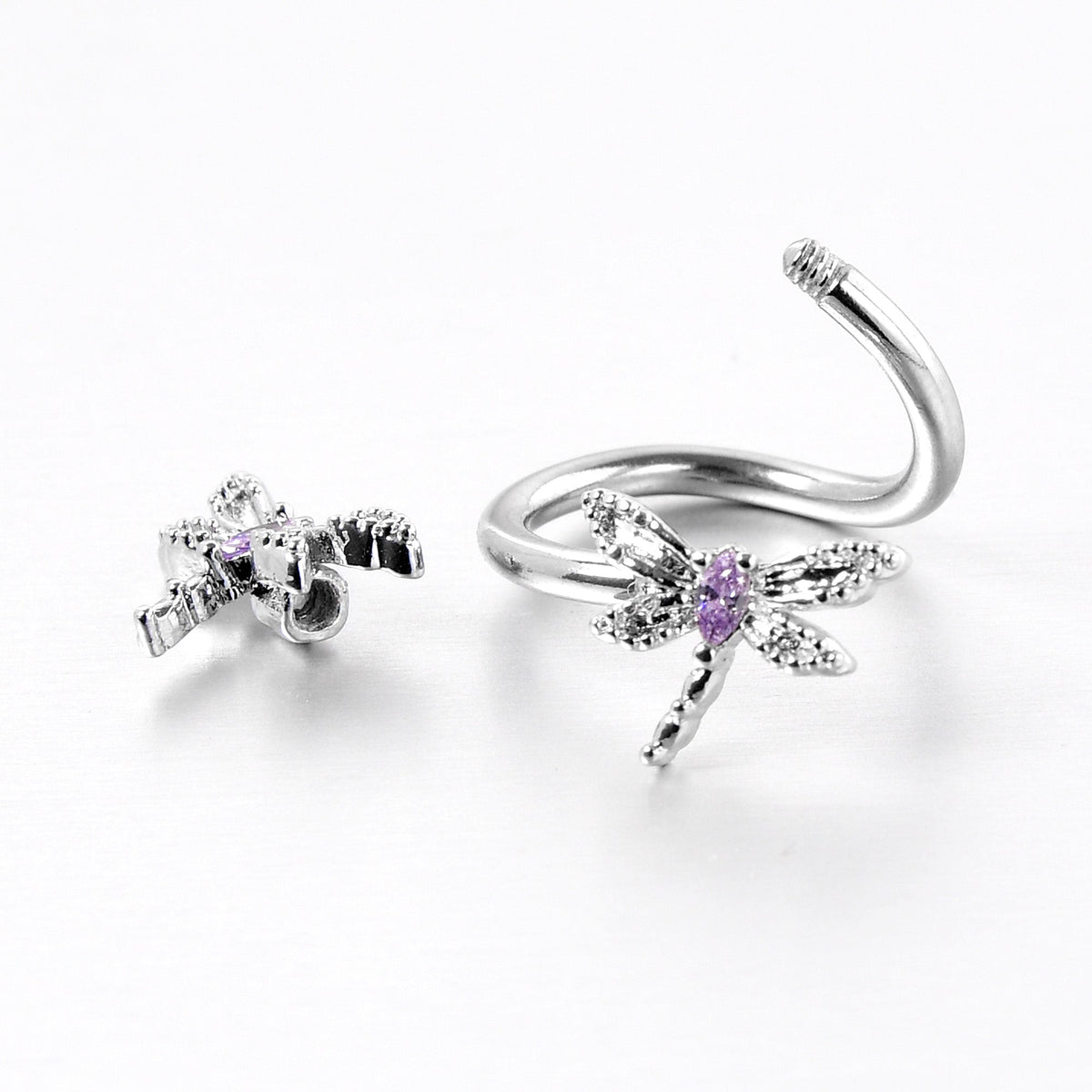 Purple CZ Gem Open Dragonfly Spiral Twister Belly Ring