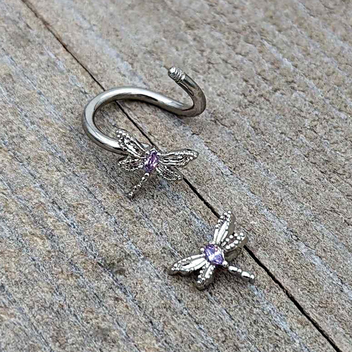 Purple CZ Gem Open Dragonfly Spiral Twister Belly Ring