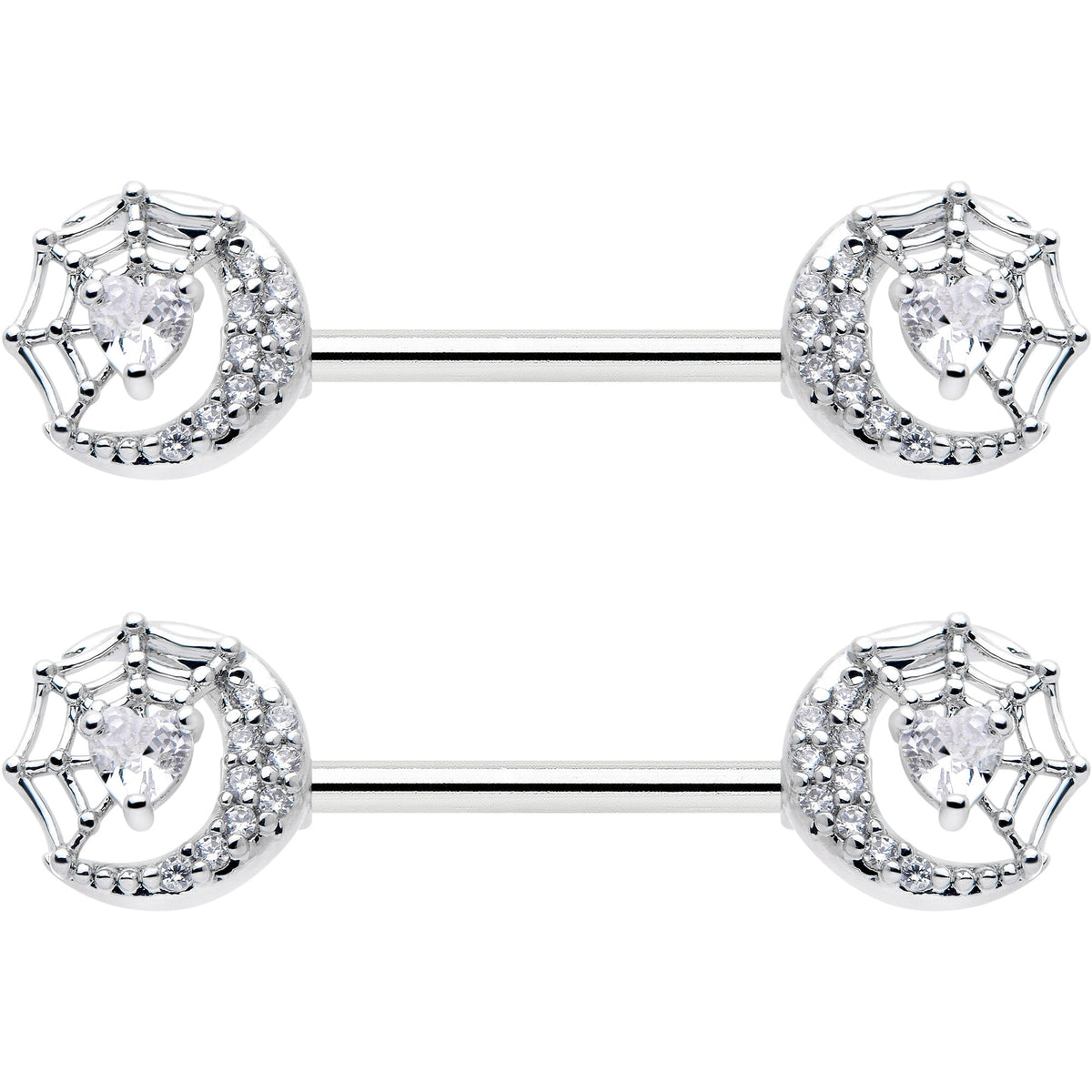 14G 9/16 Clear CZ Gem Heart Web Moon Barbell Nipple Ring Set