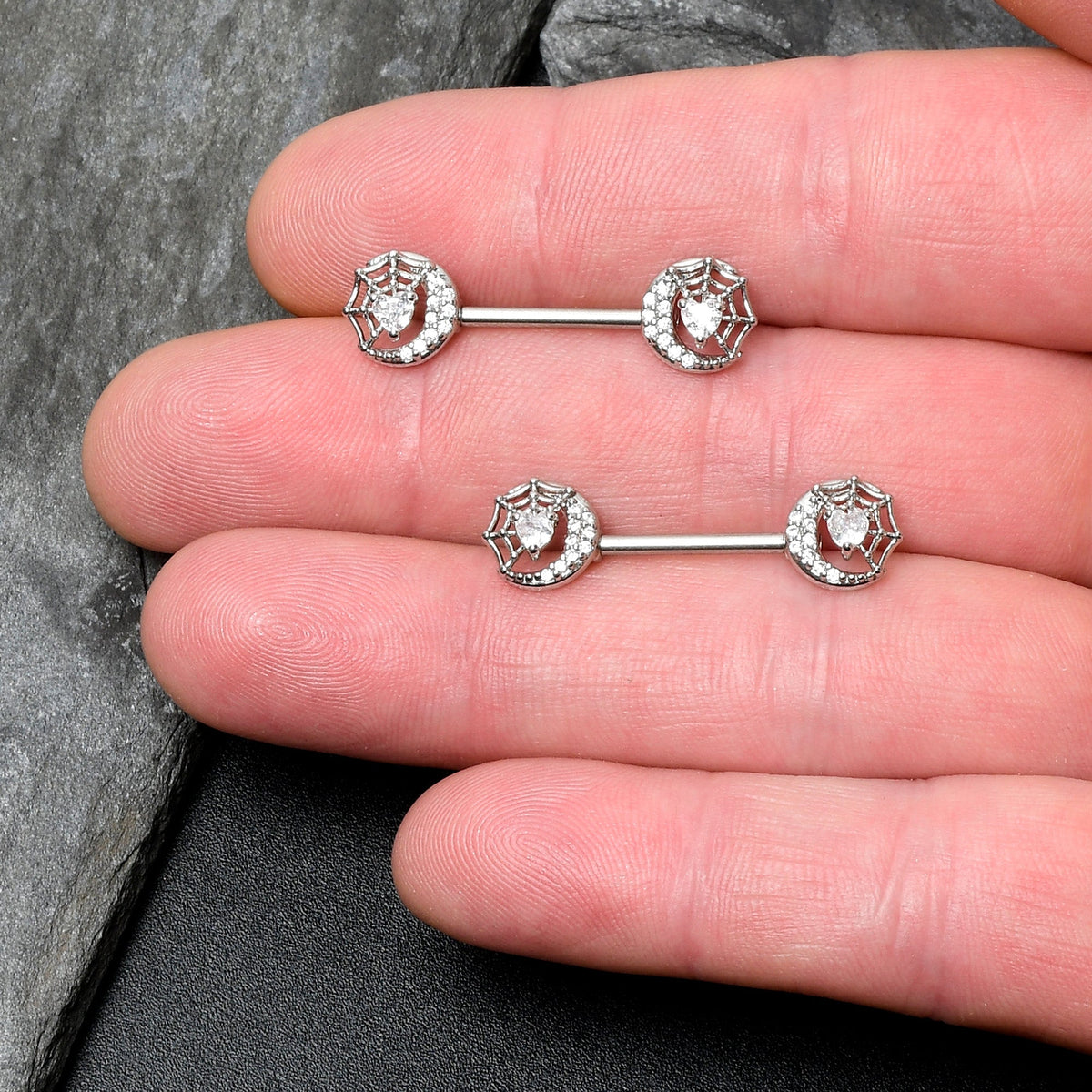 14G 9/16 Clear CZ Gem Heart Web Moon Barbell Nipple Ring Set