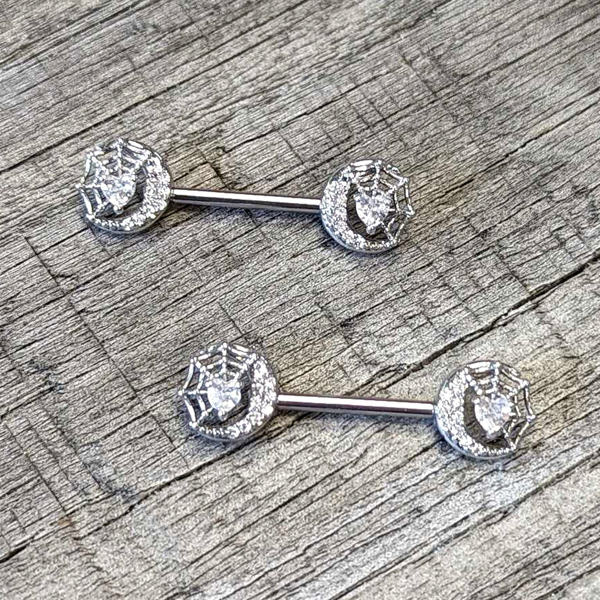 14G 9/16 Clear CZ Gem Heart Web Moon Barbell Nipple Ring Set