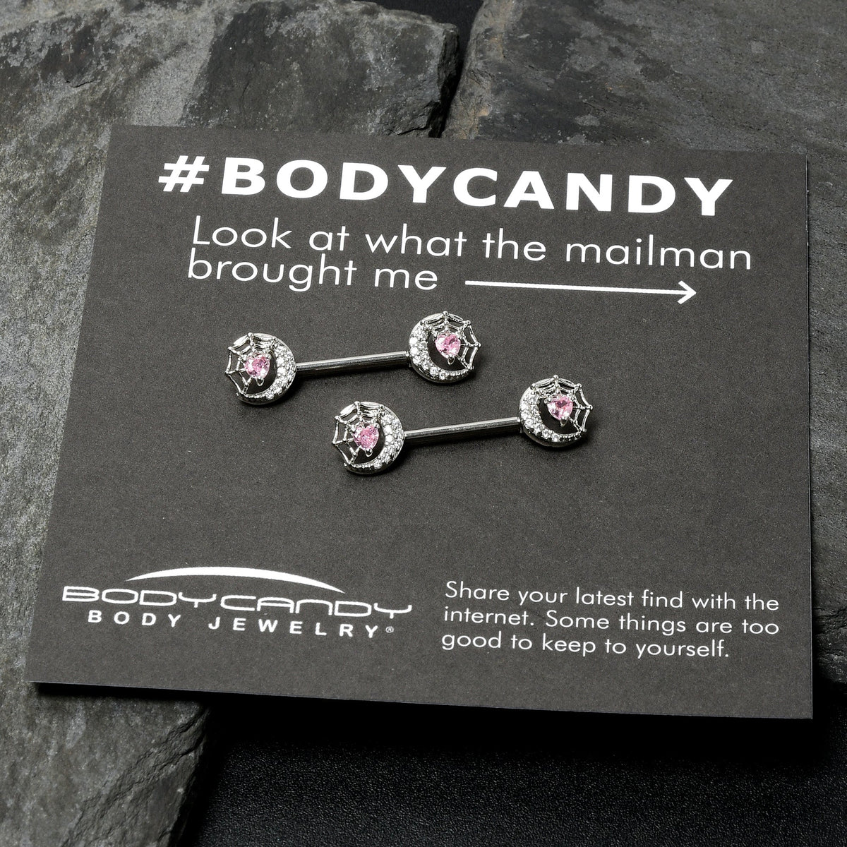 14G 9/16 Pink CZ Gem Heart Web Moon Barbell Nipple Ring Set