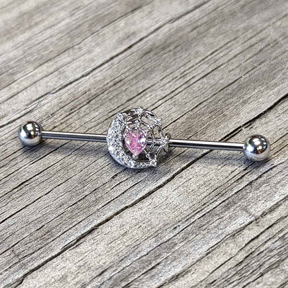 14G Pink CZ Gem Heart Web Moon Industrial Barbell 38mm