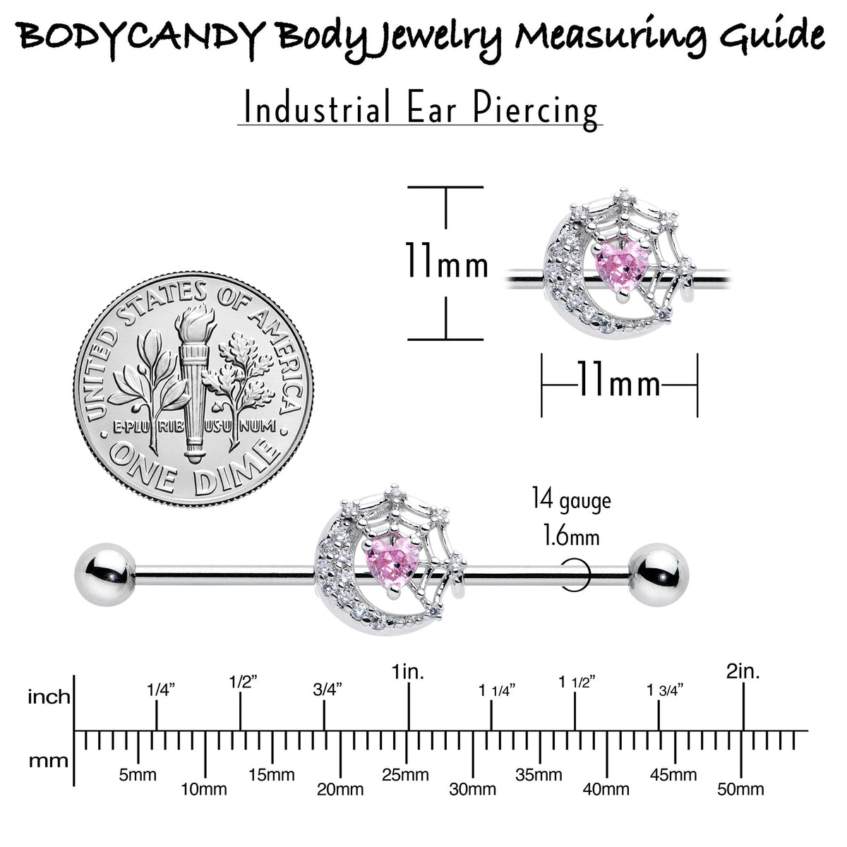 14G Pink CZ Gem Heart Web Moon Industrial Barbell 38mm