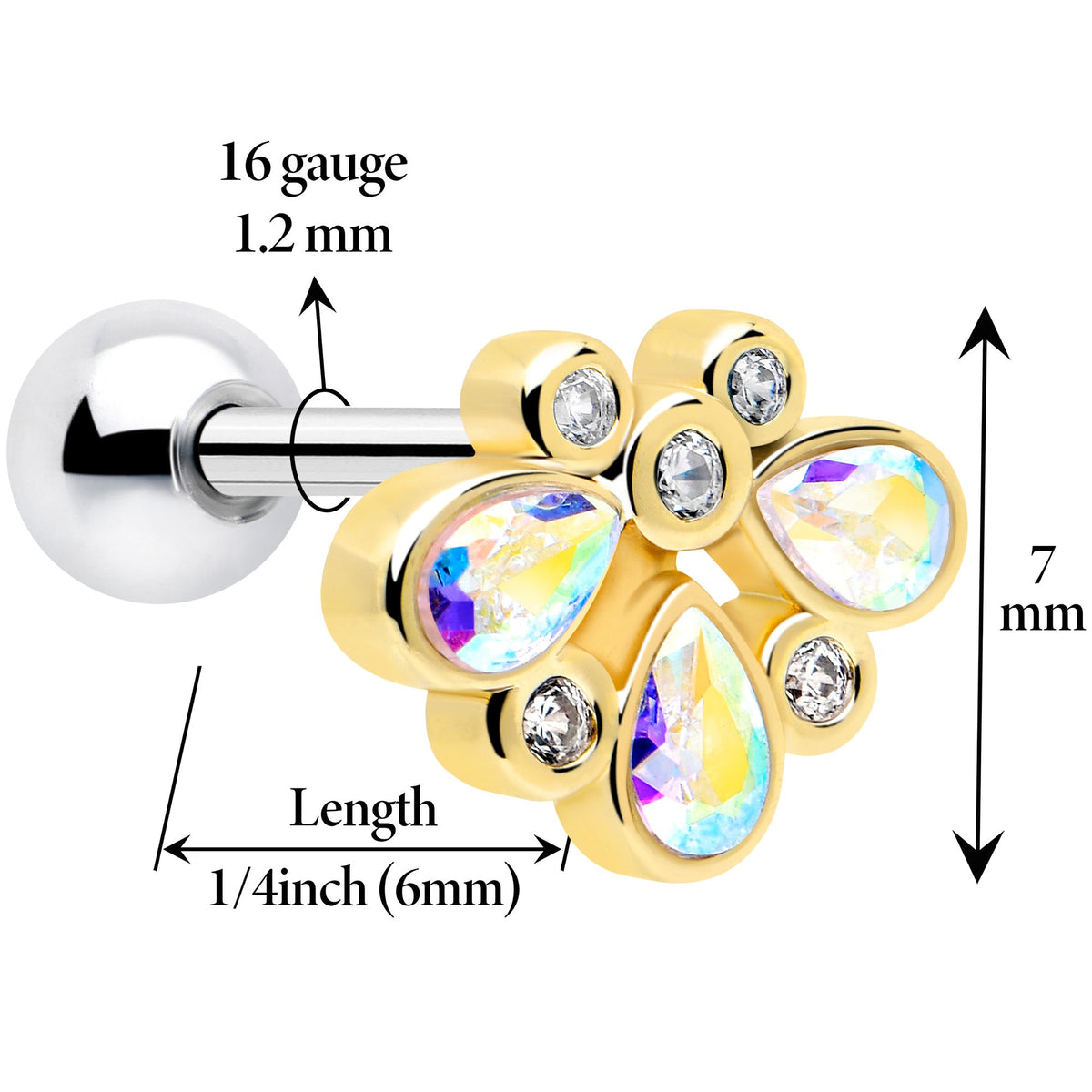 16G 1/4 Aurora Gem Golden Crown Deluxe Cartilage Tragus Earring