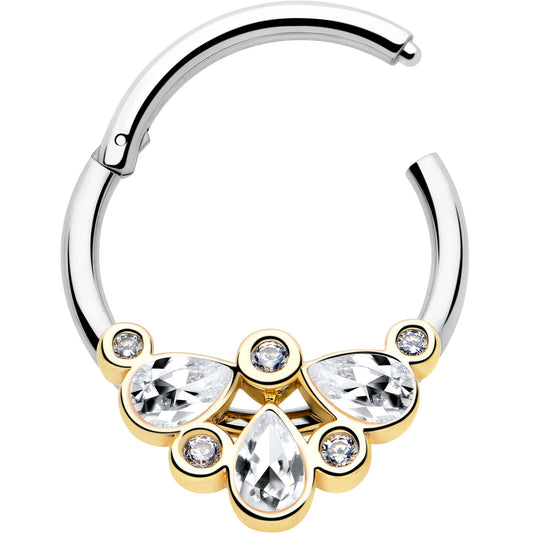 16G 3/8 Clear Gem Golden Crown Deluxe Hinged Segment Ring