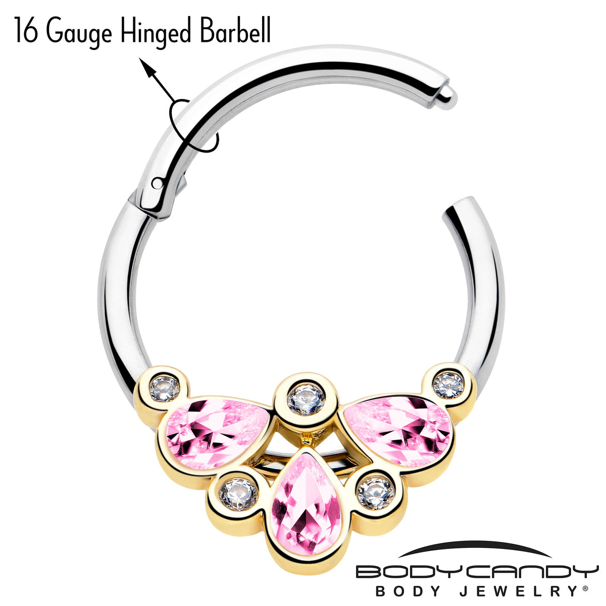 16G 3/8 Pink Gem Golden Crown Deluxe Hinged Segment Ring