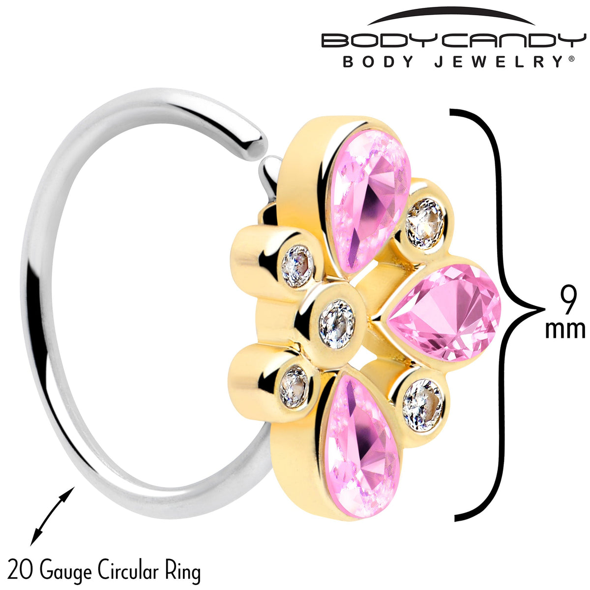 20G 5/16 Pink Gem Golden Crown Deluxe Nose Hoop