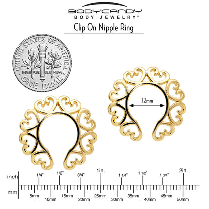 Gold Tone Filigree Hearts Clip On Fake Nipple Ring Set