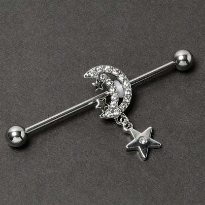 14G Clear CZ Gem Moon Dangle Star Industrial Barbell 38mm