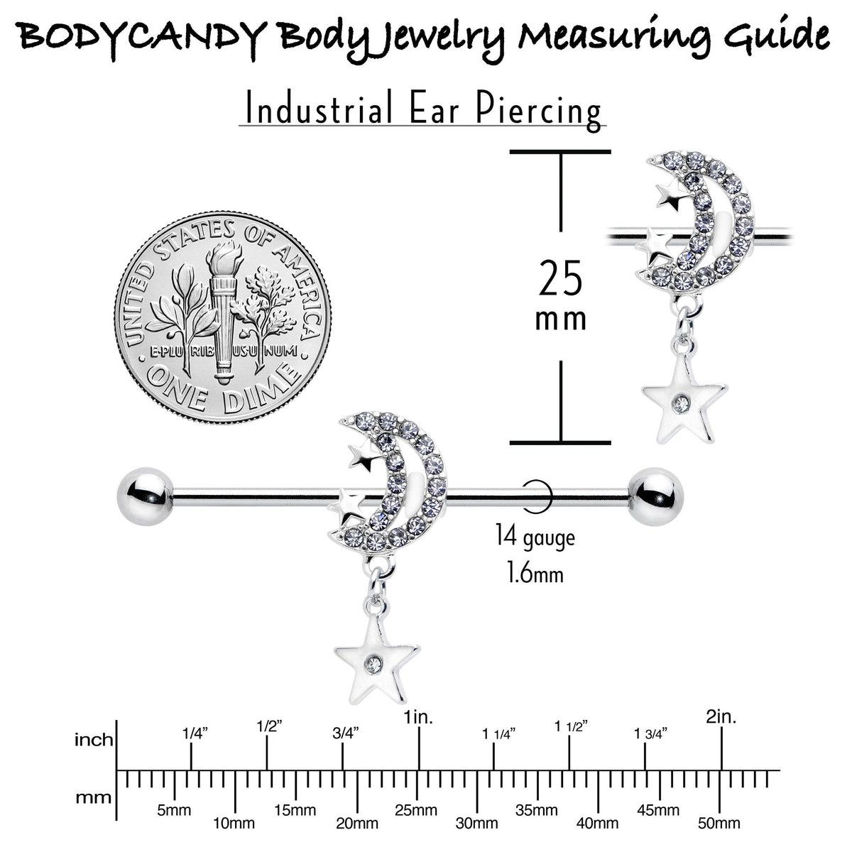 14G Clear CZ Gem Moon Dangle Star Industrial Barbell 38mm
