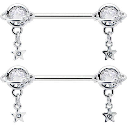 14G 9/16 Clear CZ Gem Starry Saturn Dangle Nipple Ring Set