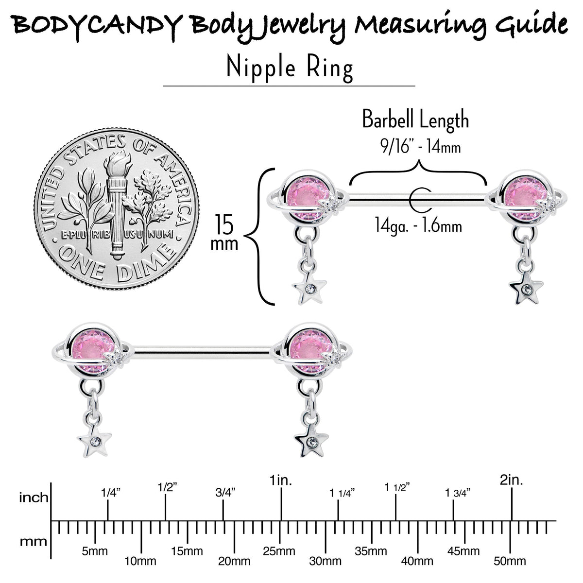 14G 9/16 Pink CZ Gem Starry Saturn Dangle Nipple Ring Set