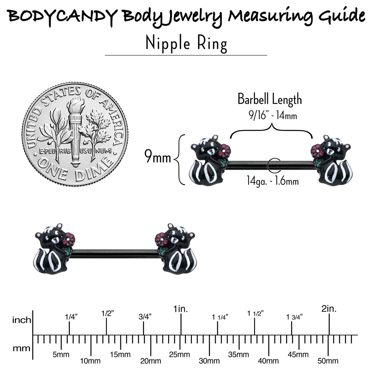 14G 9/16 Black Funky Skunk Barbell Nipple Ring Set