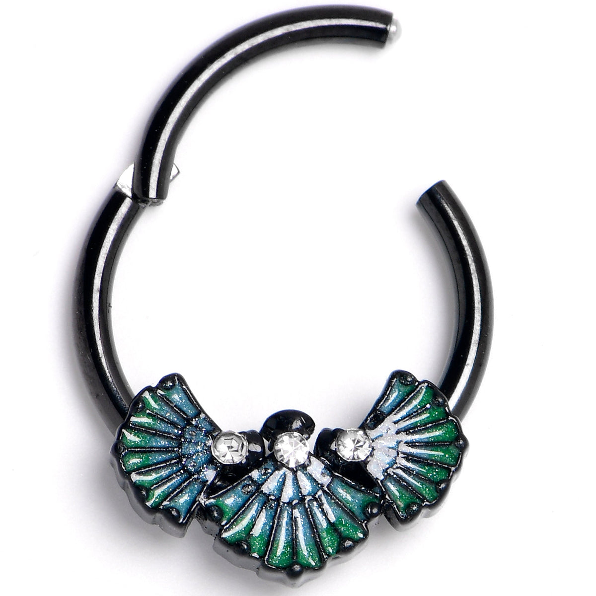 16G 3/8 Black PVD Serenity Ocean Magic Sea Shells Hinged Segment Ring