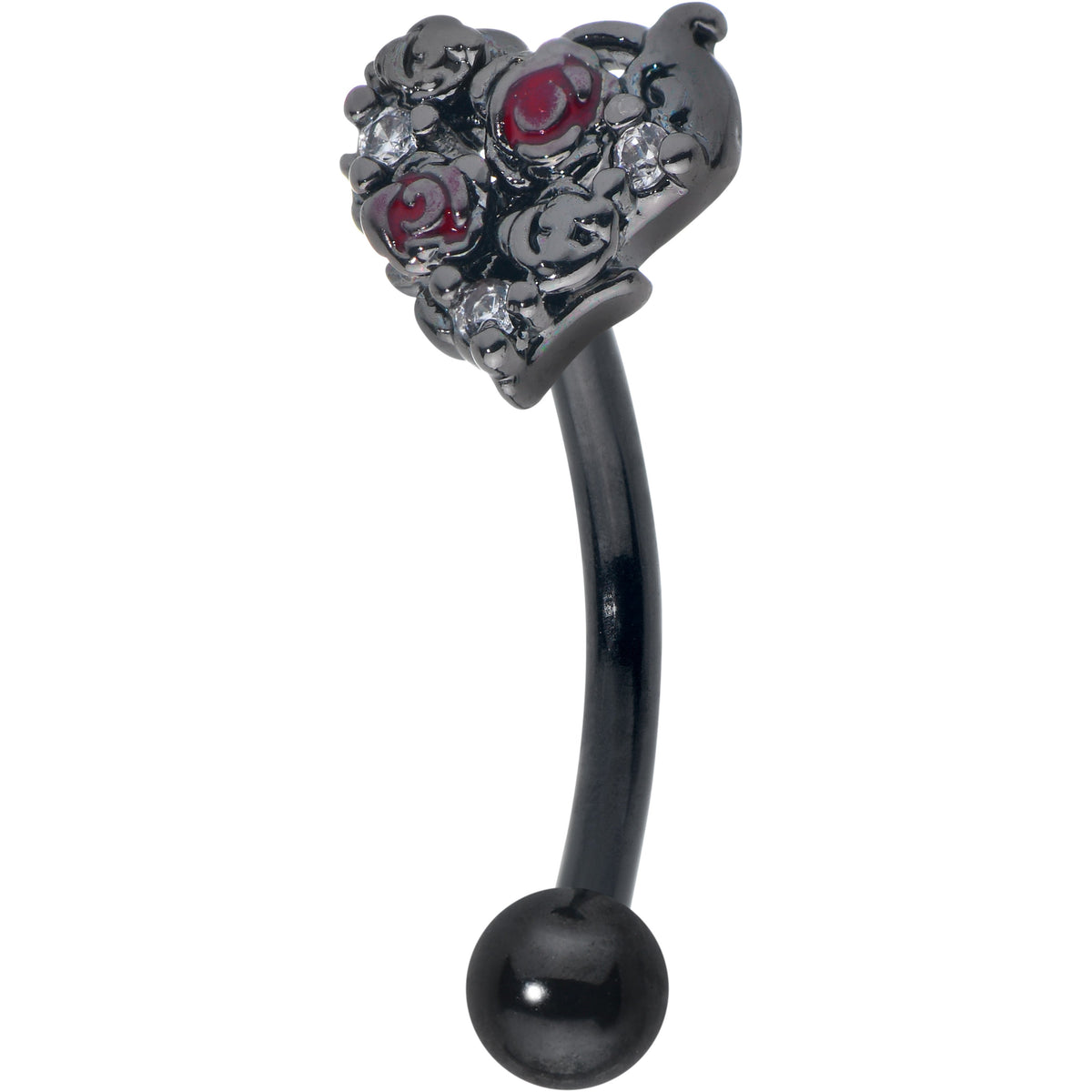 16G 5/16 Red Clear Gem Black Floral Heart Curved Eyebrow Ring