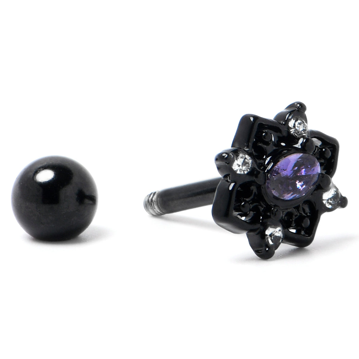 16G 1/4 Purple Gem Black Scrolling Hearts Cartilage Tragus Earring
