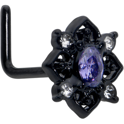 20G 7mm Purple Gem Black Scrolling Hearts L Shape Nose Ring