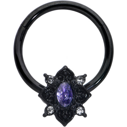 16G 3/8 Purple Gem Black Scrolling Hearts Hinged Segment Ring