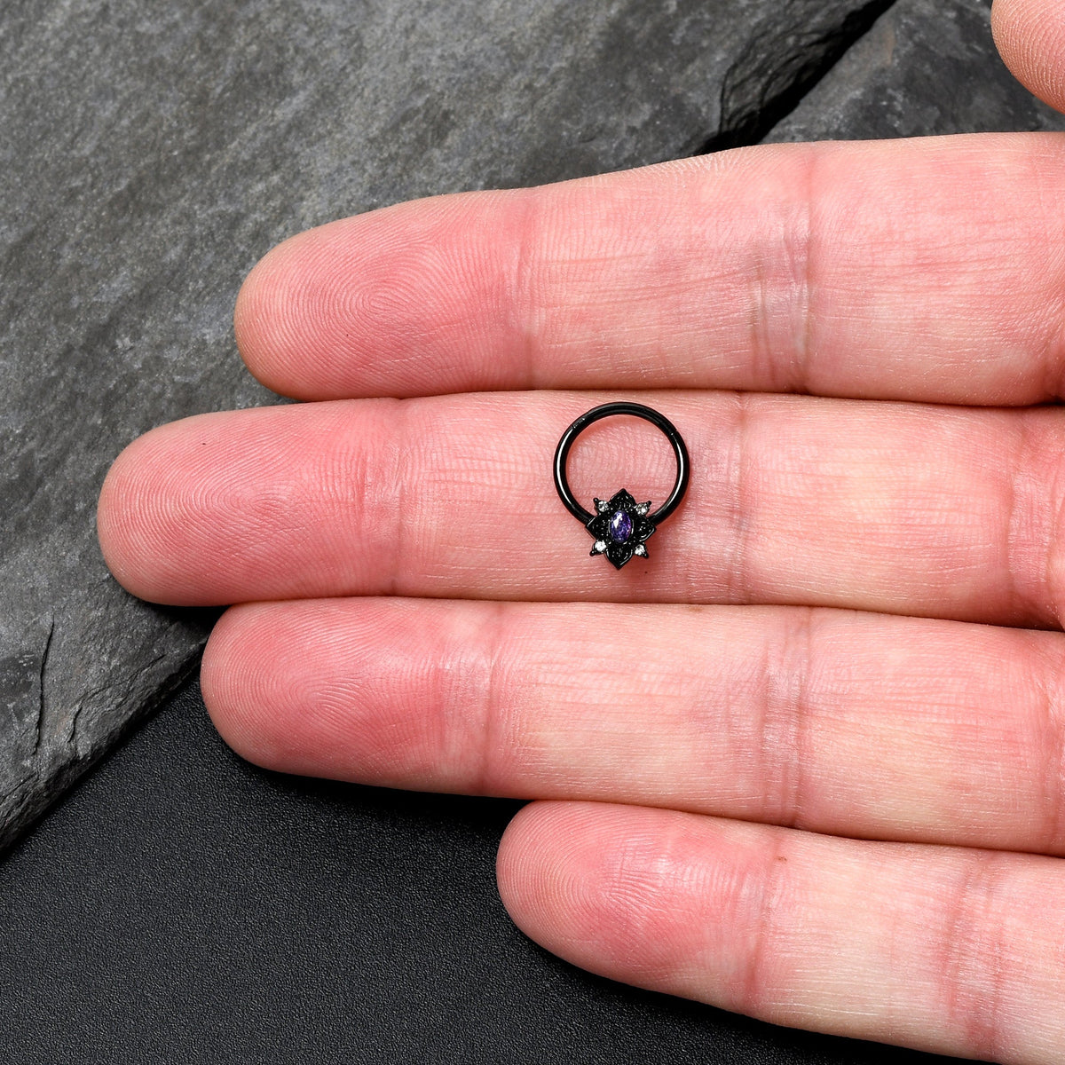 16G 3/8 Purple Gem Black Scrolling Hearts Hinged Segment Ring