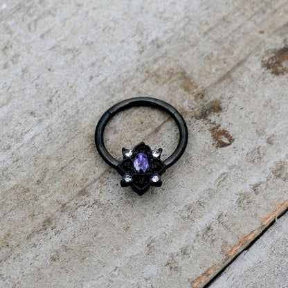16G 3/8 Purple Gem Black Scrolling Hearts Hinged Segment Ring
