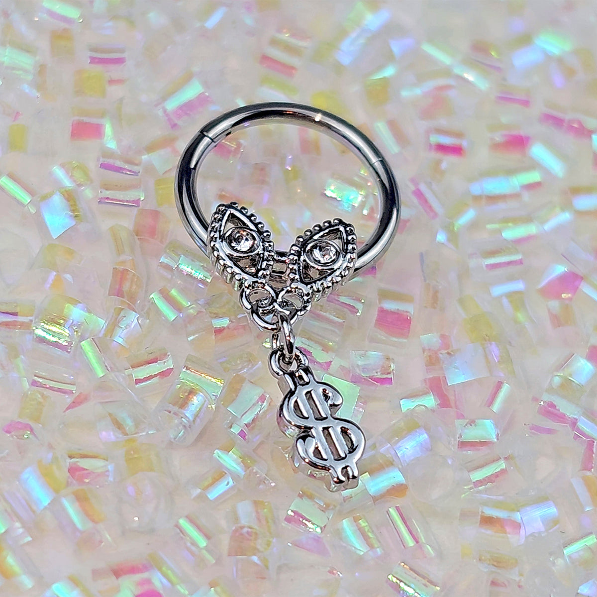 16G 3/8 Clear Gem Dollar Sign Dangle Hinged Segment Ring