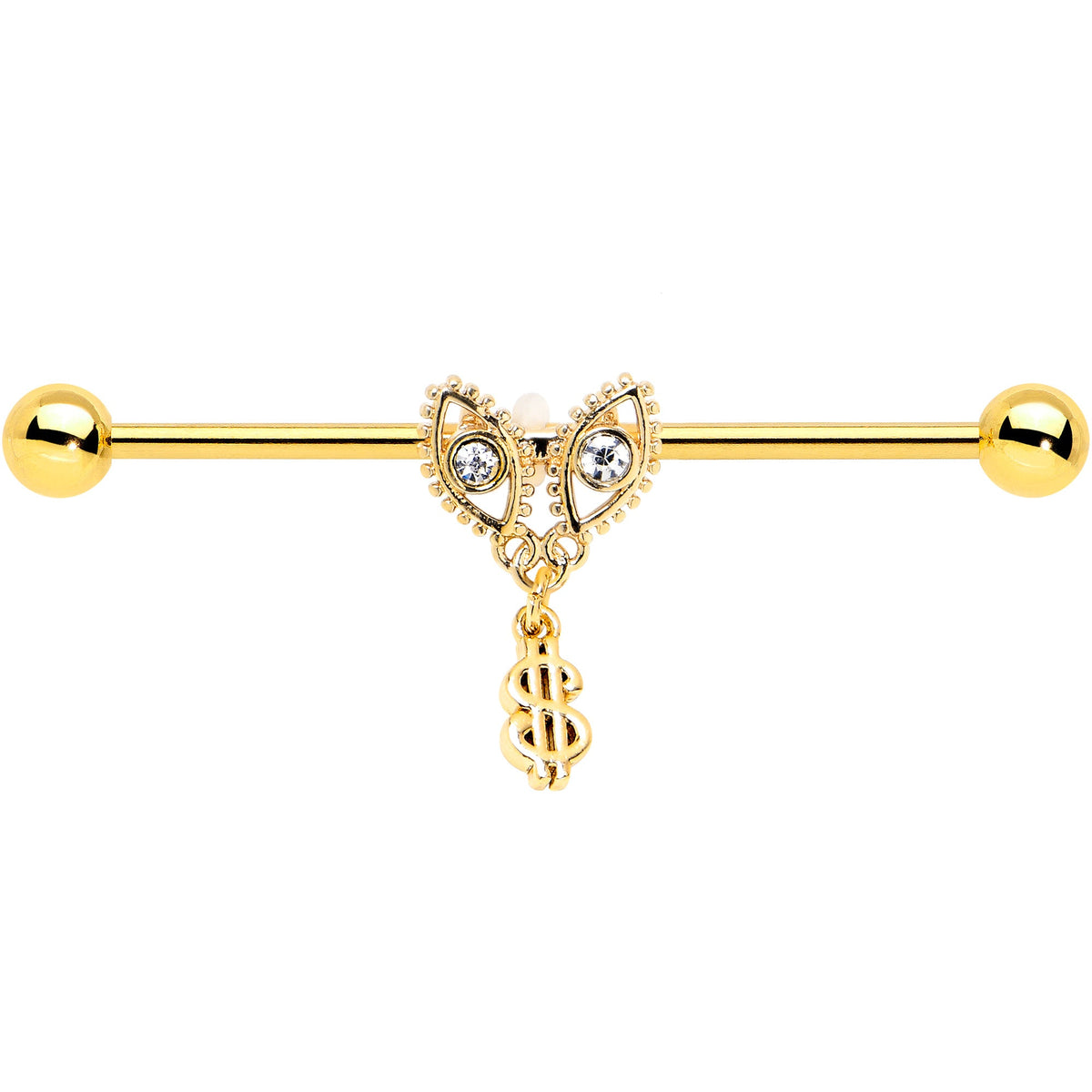 14G Clear Gem Gold Hue Seeing Money Dangle Industrial Barbell 38mm