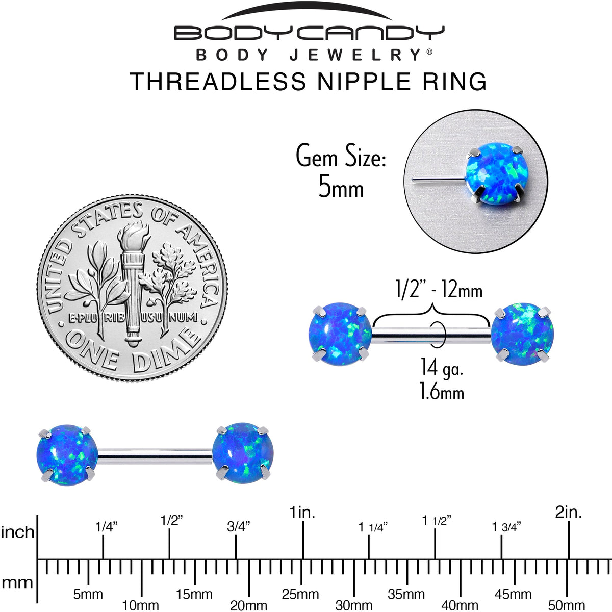 14G 1/2 Blue Synthetic Opal Threadless Barbell Nipple Ring Set