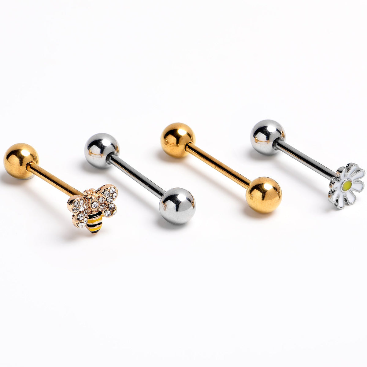 Clear Gem Gold Tone Daisy Bee Barbell Tongue Ring Set of 4
